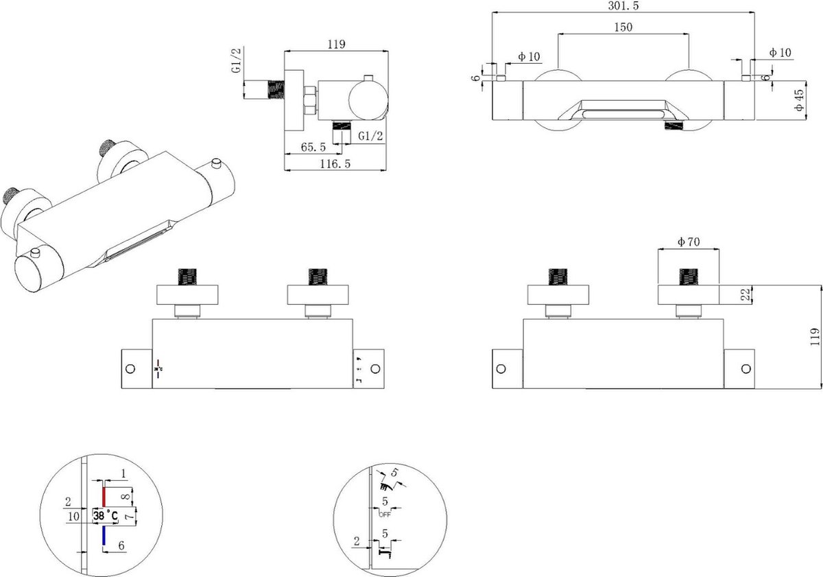 Wiesbaden Style thermostatische badmengkraan waterval chroom 29.1700