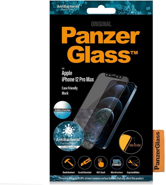 PanzerGlass Anti-bacteriëlee Case Friendly met Anti-Glare voor Apple iPhone 12 Pro Max - Zwart