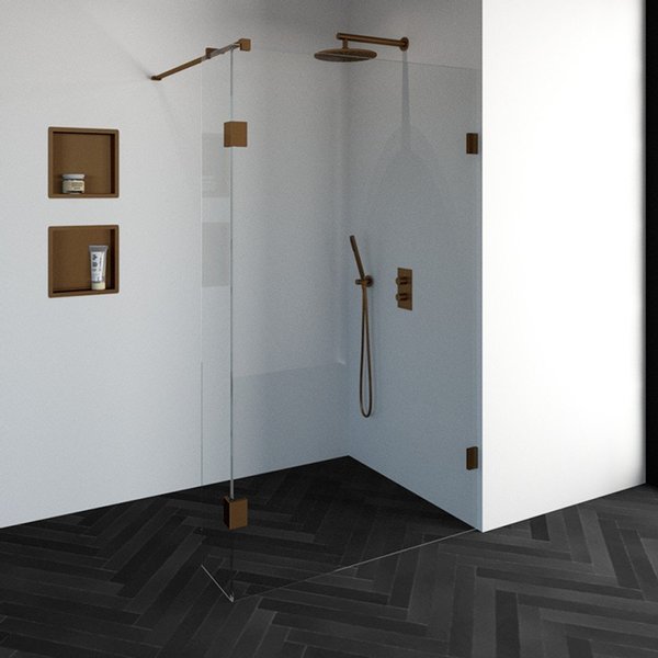 Saniclass Create inloopdouche 120x200cm profielloos met 30cm zijwand met antikalk en 8mm veiligheidsglas koper 4JC2-120/30k