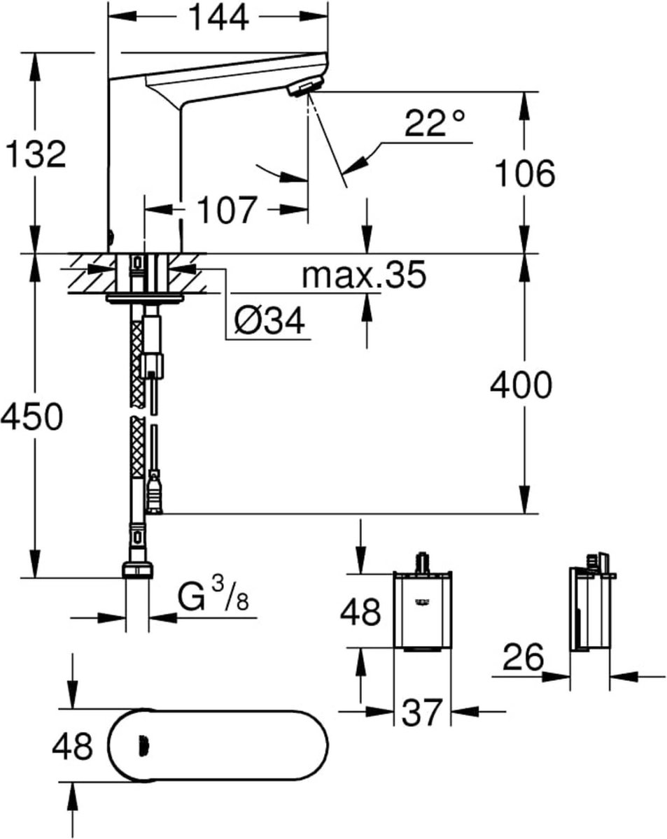 Grohe Eurosmart Cosmopolitan E elektronische wastafelkraan M-size met infrarood zonder menging met batterij 6V chroom 36439000