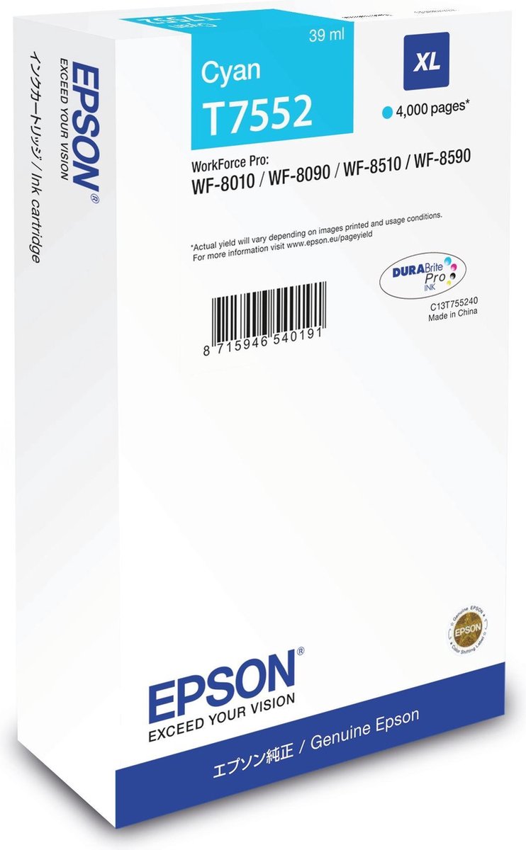 Epson T7552XL - Inktcartridge / Cyaan / Hoge Capaciteit