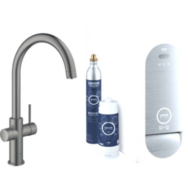 Grohe Blue Home 1-gats keukenkraan met duo C-uitloop starterkit met WiFi bluetooth Chilled & Sparkling 3x gekoeld + 3x bruisend water brushed hard graphite 31455AL1 - Zwart