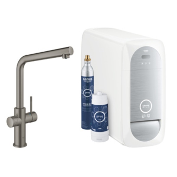 Grohe Blue Home 1-gats keukenkraan met duo L-uitloop starterkit met WiFi bluetooth Chilled & Sparkling 3x gekoeld + 3x bruisend water hard graphite geborsteld 31454AL1 - Negro