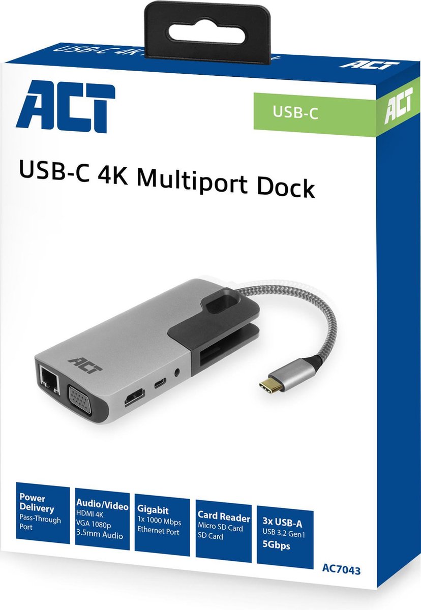 ACT AC7043 USB-C naar HDMI of VGA female multiport adapter