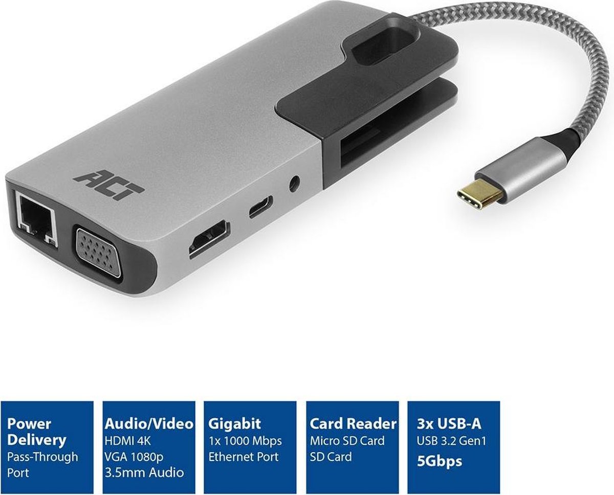 ACT AC7043 USB-C naar HDMI of VGA female multiport adapter