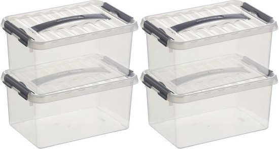 Sunware 4x Q-line Opberg Boxen/opbergdozen 6 Liter 30 Cm Kunststof- Opslagbox - Opbergbak Kunststof Transparant/zilver - Silver