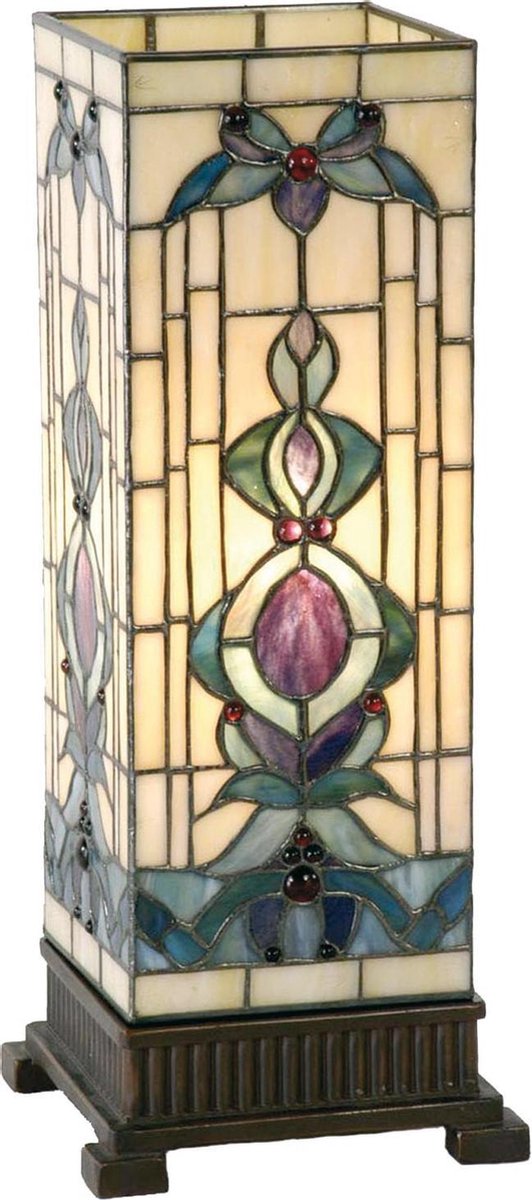 Clayre & Eef Lumilamp Tafellamp Tiffany 18*18*45 Cm E27/max 1*40w Meerkleurig Glas / Polyresin 5ll-9220 - Beige