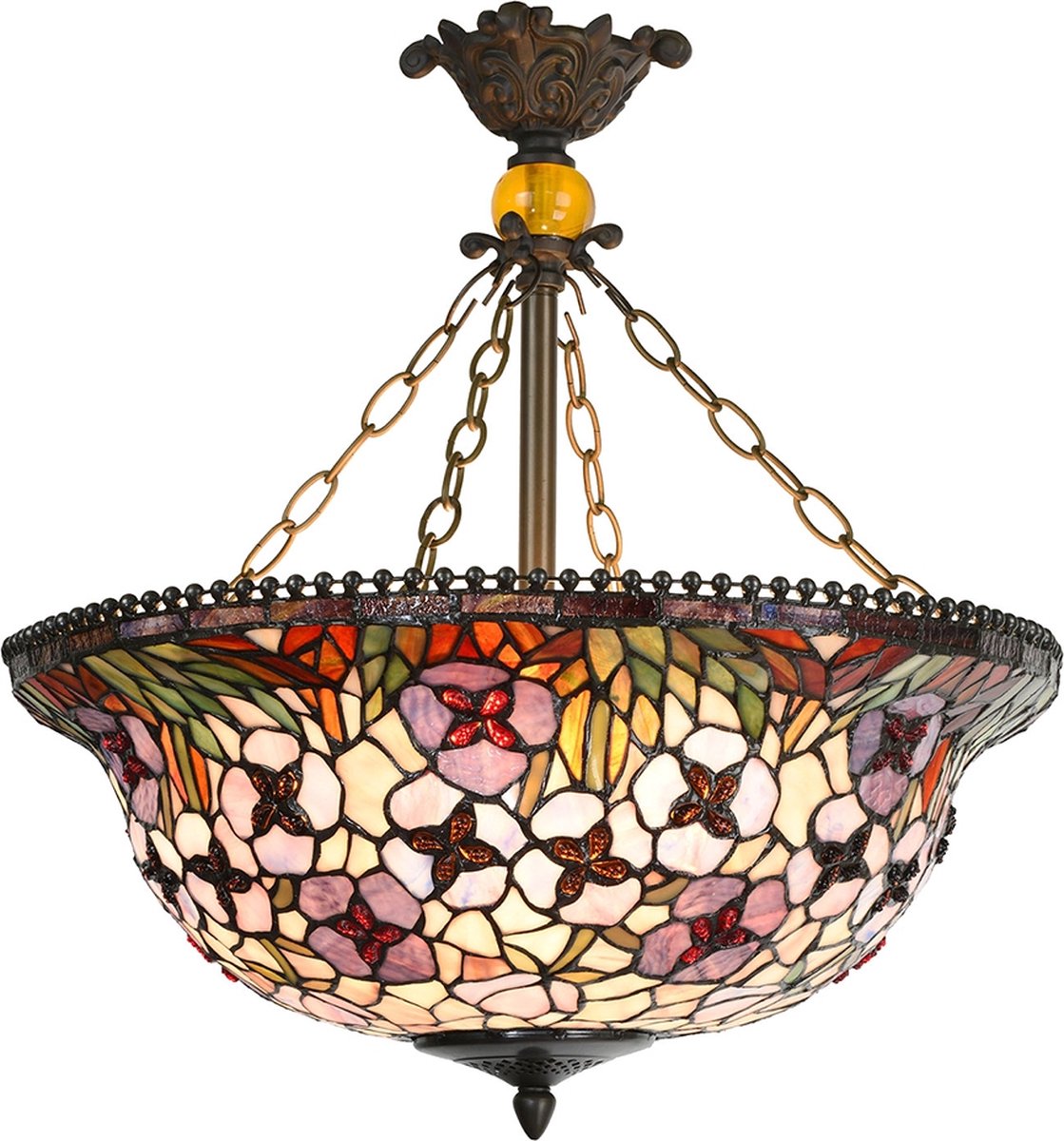 Clayre & Eef Hanglamp Tiffany Ø 53*60 Cm E27/max 3*60w Meerkleurig Metaal / Glas Bloemen Lumilamp 5ll-5976 - Rood