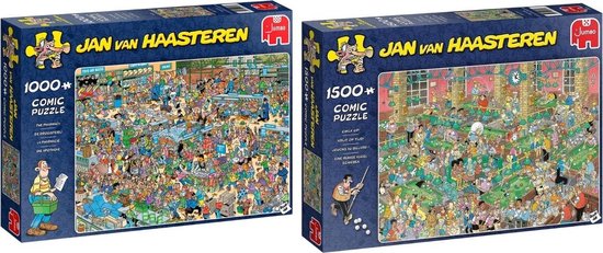 Jumbo Jan Van Haasteren Puzzelbundel - 2 Stuks - De Drogisterij 1000 Stukjes & Krijt Op Tijd! 1500 Stukjes