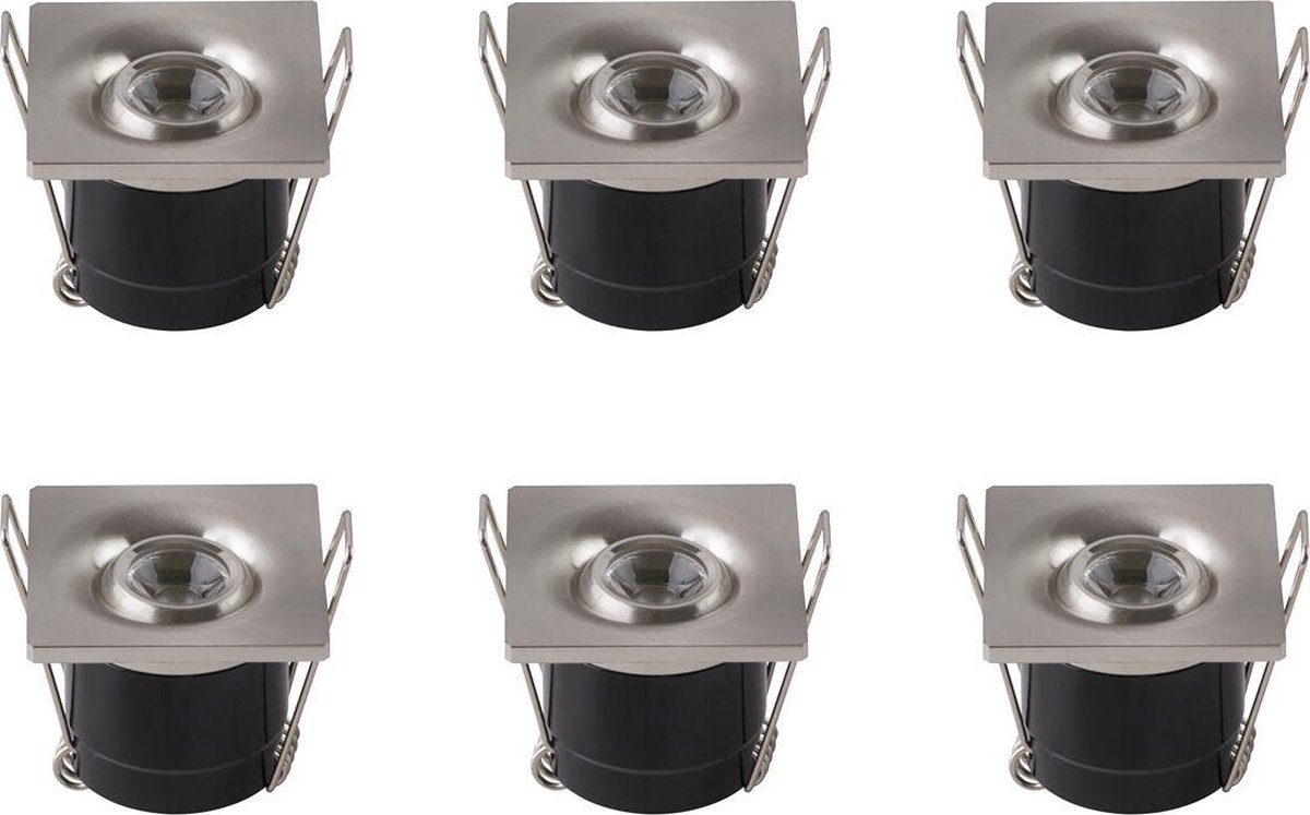 BES LED Led Veranda Spot Verlichting 6 Pack - Inbouw Vierkant 1w - Natuurlijk 4200k - Mat Chroom Aluminium - 40mm - Wit