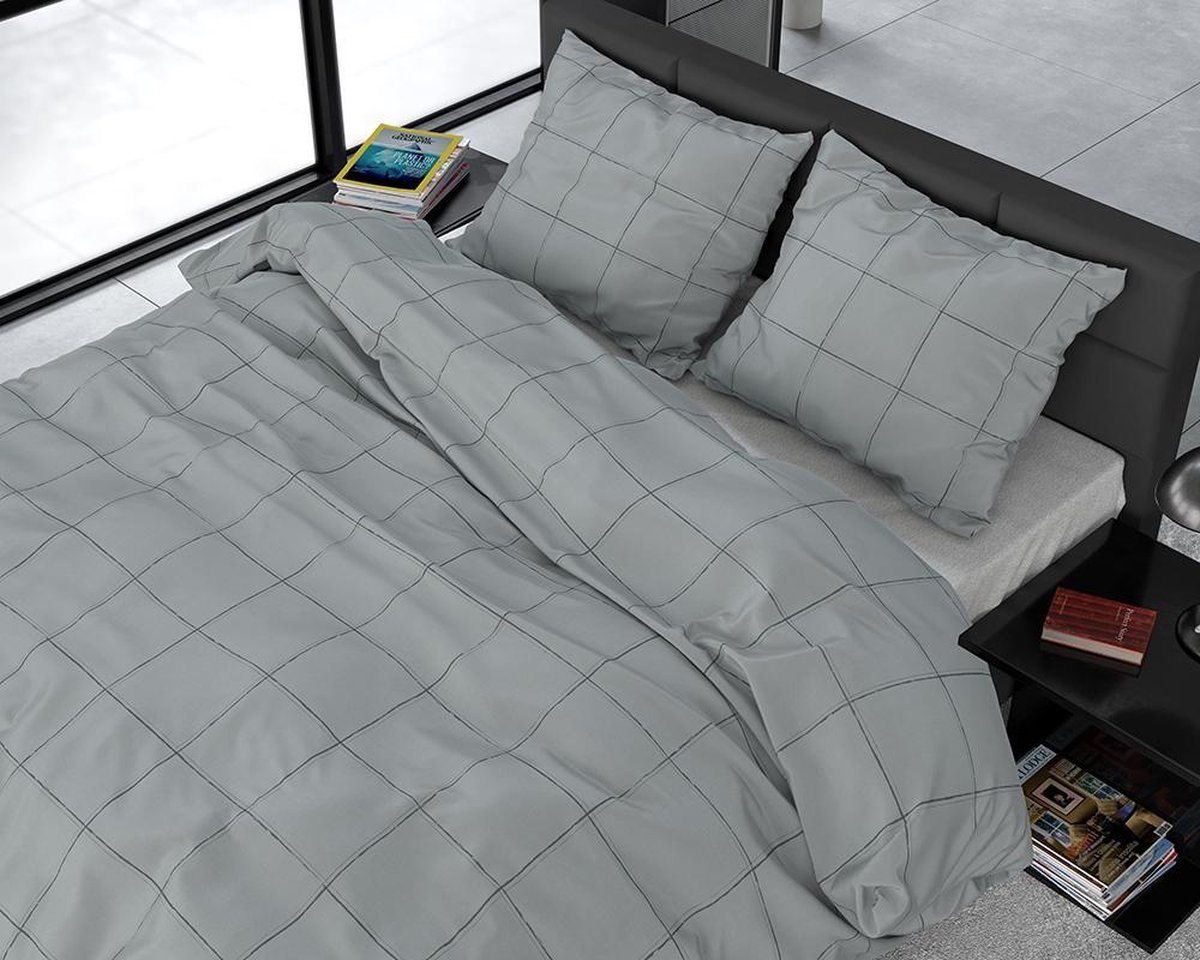 Dreamhouse Deep Check Dekbedovertrek - 2-persoons (200x200/220 Cm + 2 Slopen) - Katoen Satijn - Grey - Grijs