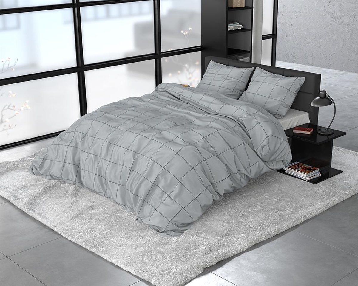 Dreamhouse Deep Check Dekbedovertrek - 2-persoons (200x200/220 Cm + 2 Slopen) - Katoen Satijn - Grey - Grijs