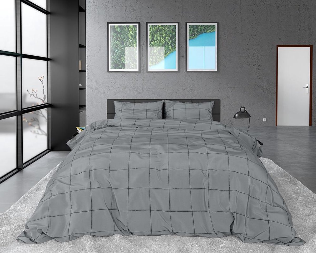 Dreamhouse Deep Check Dekbedovertrek - 2-persoons (200x200/220 Cm + 2 Slopen) - Katoen Satijn - Grey - Grijs