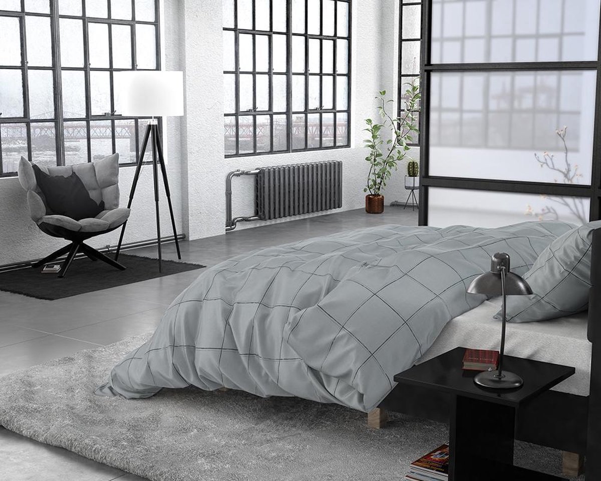 Dreamhouse Deep Check Dekbedovertrek - 2-persoons (200x200/220 Cm + 2 Slopen) - Katoen Satijn - Grey - Grijs
