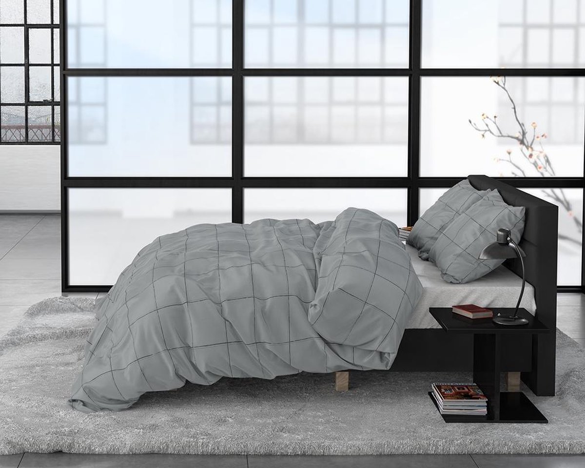 Dreamhouse Deep Check Dekbedovertrek - 2-persoons (200x200/220 Cm + 2 Slopen) - Katoen Satijn - Grey - Grijs