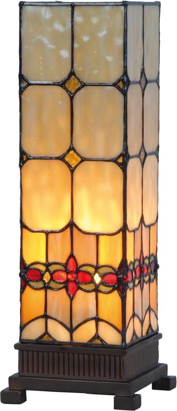 Clayre & Eef Tafellamp Tiffany 12*12*35 Cm E14/max 1*40w Meerkleurig Glas In Lood Art Deco Lumilamp 5ll-9228 - Geel