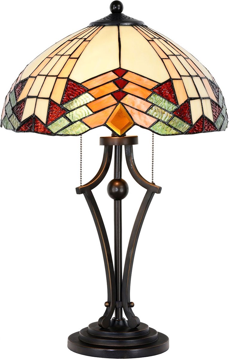 Clayre & Eef Tafellamp Tiffany Ø 40*60 Cm E27/max 2*60w Meerkleurig Glas In Lood Art Deco Lumilamp 5ll-5961 - Beige