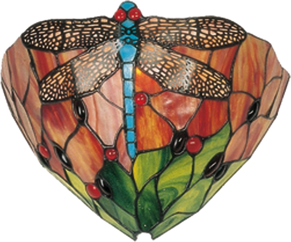 Clayre & Eef Wandlamp Tiffany Dragon Fly Libelle Compleet ø 33 Cm,, Multi Colour - Ijzer, Glas - Rood