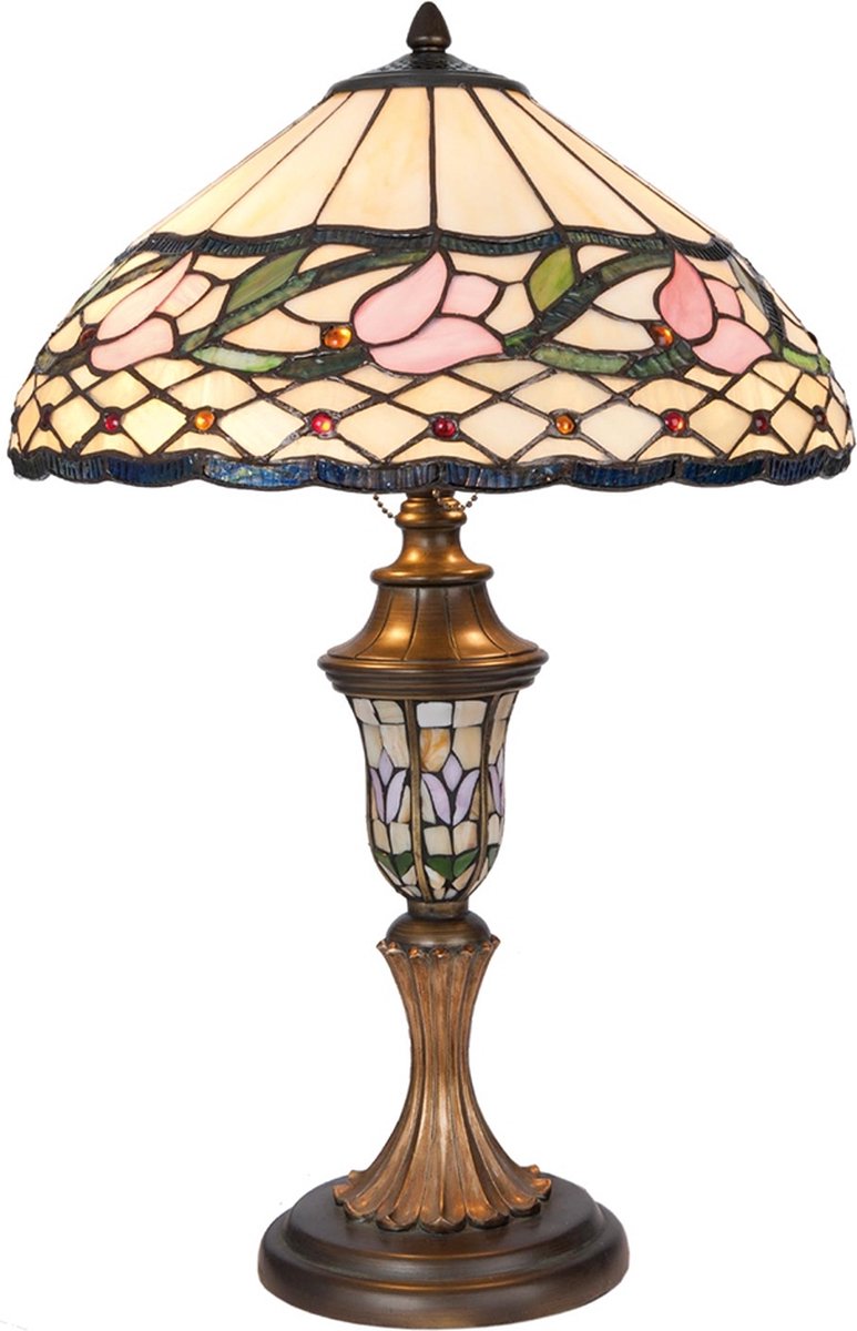 Clayre & Eef Tafellamp Tiffany Compleet ø 40x60 Cm 2x E27 / Max 60w -, Roze, Brons, Multi Colour - Ijzer, Glas - Groen