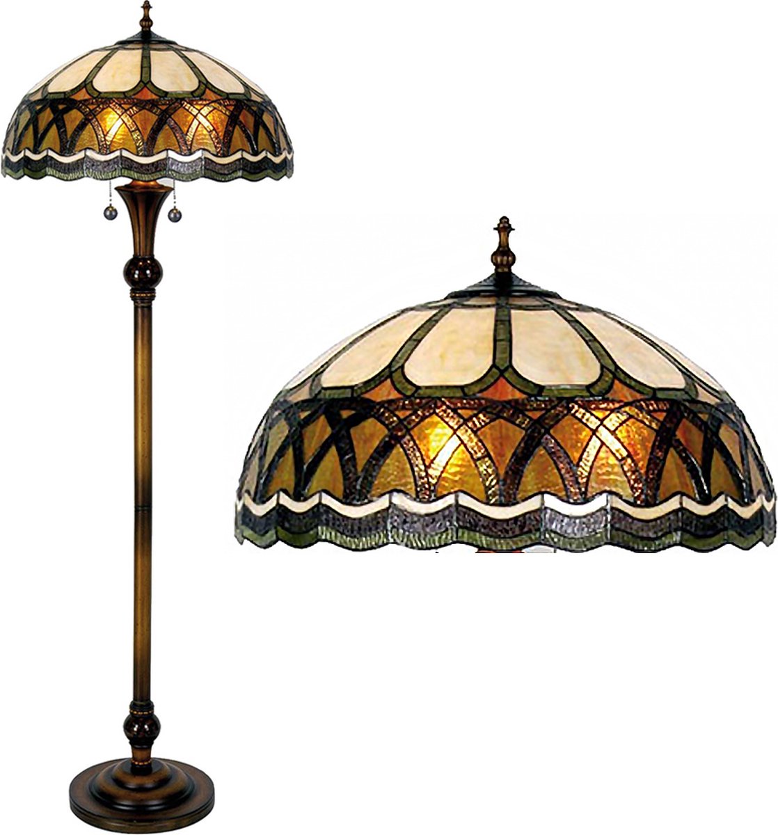 Clayre & Eef Vloerlamp Met Tiffany Kap Gebogen Motief Compleet 164 X ø 56 Cm,, Groen, Geel - Ijzer, Glas - Bruin