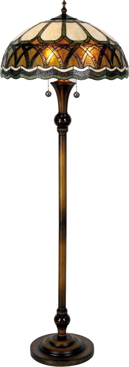 Clayre & Eef Vloerlamp Met Tiffany Kap Gebogen Motief Compleet 164 X ø 56 Cm,, Groen, Geel - Ijzer, Glas - Bruin