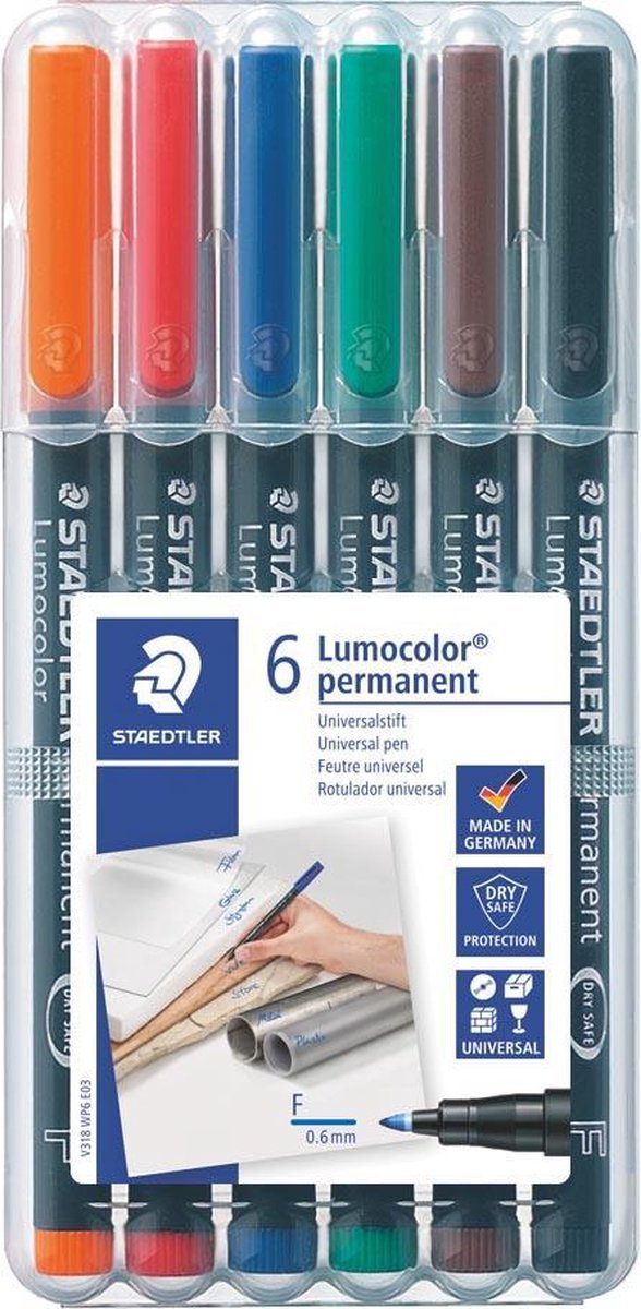 Staedtler Ohp-marker Lumocolor Permanent Geassorteerde Kleuren, Box Met 6 Stuks, Fijn 0,6 Mm