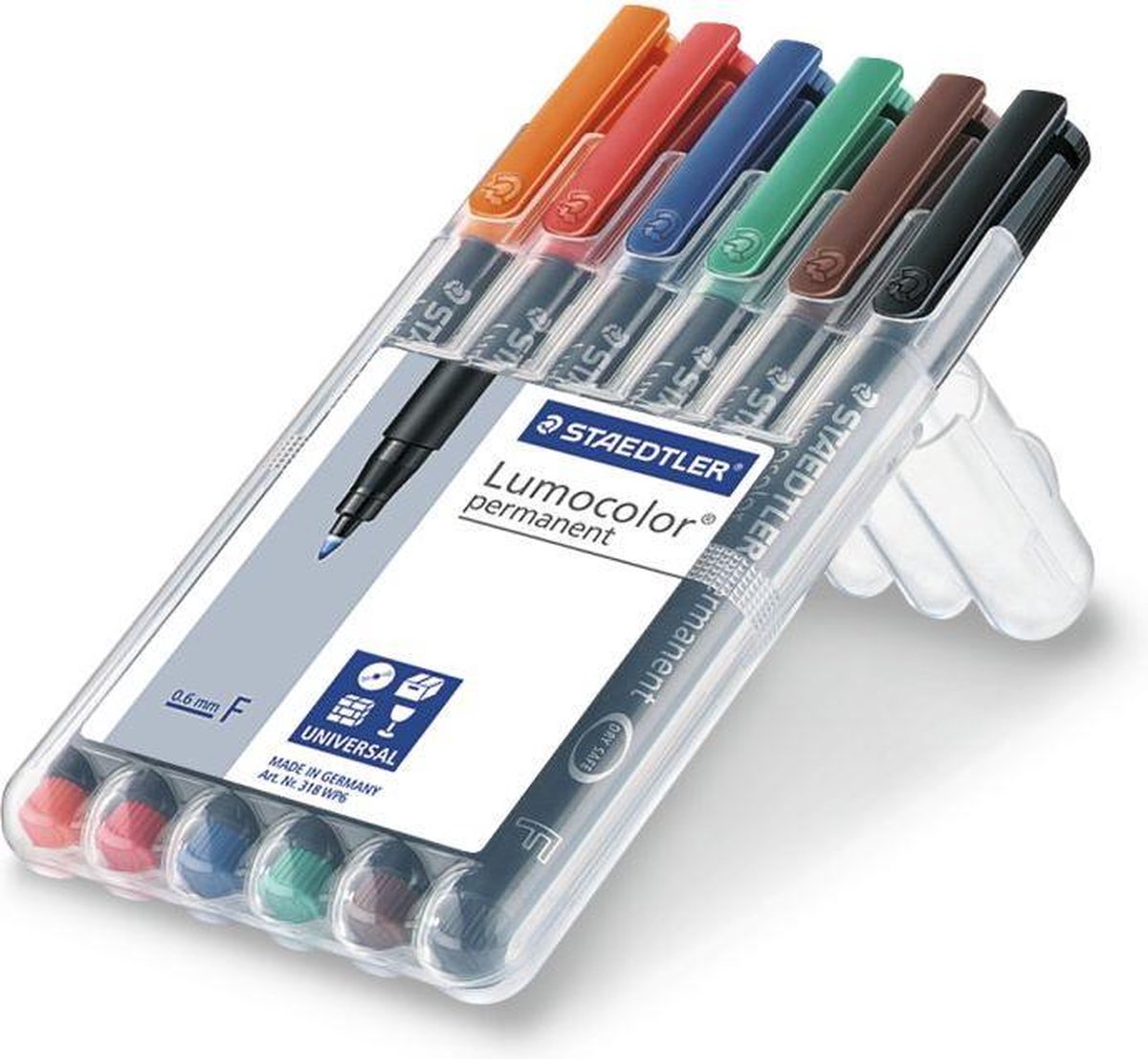 Staedtler Ohp-marker Lumocolor Permanent Geassorteerde Kleuren, Box Met 6 Stuks, Fijn 0,6 Mm