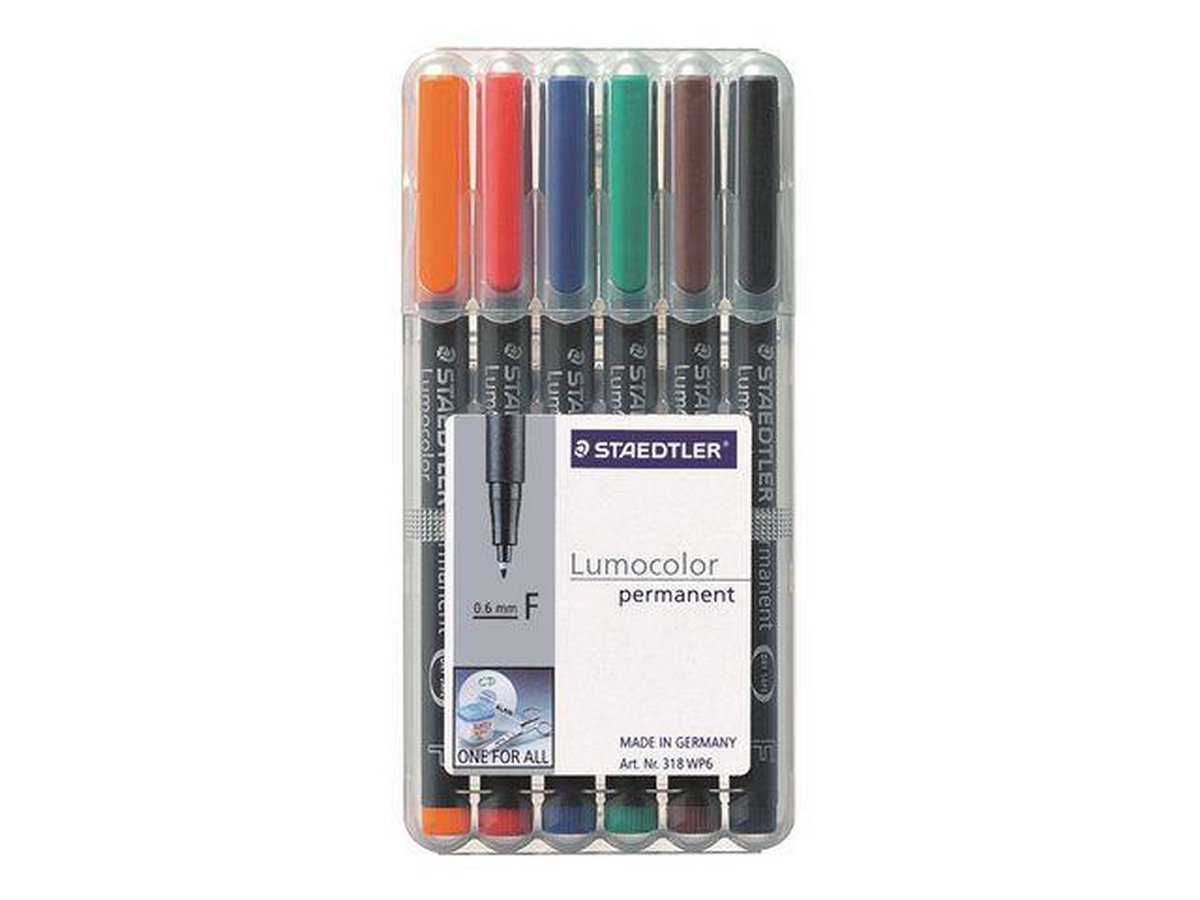 Staedtler Ohp-marker Lumocolor Permanent Geassorteerde Kleuren, Box Met 6 Stuks, Fijn 0,6 Mm