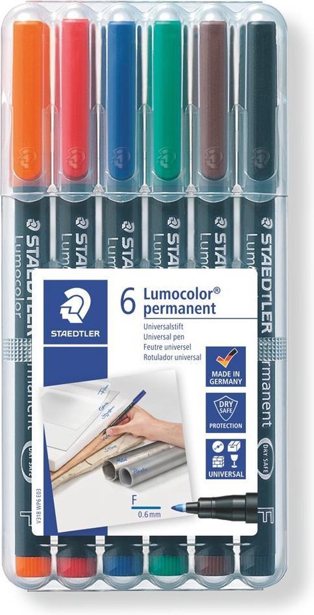 Staedtler Ohp-marker Lumocolor Permanent Geassorteerde Kleuren, Box Met 6 Stuks, Fijn 0,6 Mm
