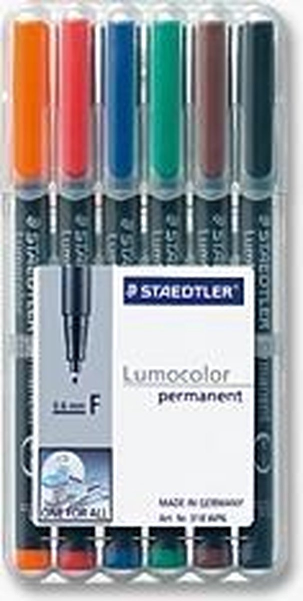Staedtler Ohp-marker Lumocolor Permanent Geassorteerde Kleuren, Box Met 6 Stuks, Fijn 0,6 Mm