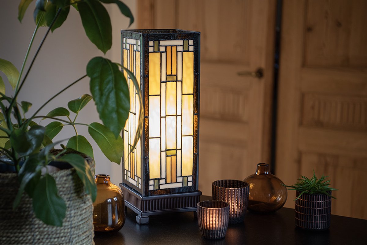 Clayre & Eef Tafellamp Tiffany 18*18*45 Cm E27/max 1*60w Glas In Lood Art Deco Lumilamp 5ll-5445 - Bruin