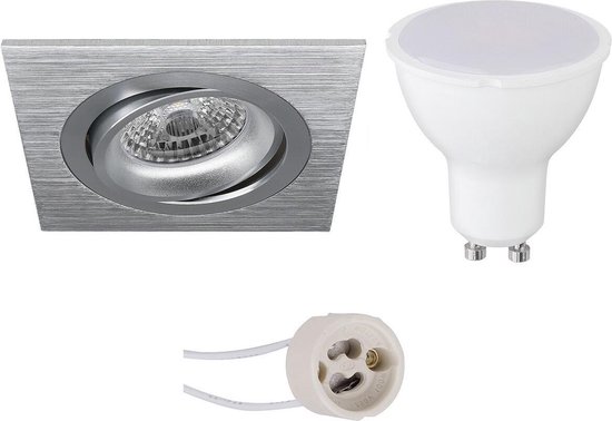 BES LED Led Spot Set - Pragmi Borny Pro - Gu10 Fitting - Inbouw Vierkant - Mat Zilver - 6w - Warm 3000k - Kantelbaar - 92mm - Wit