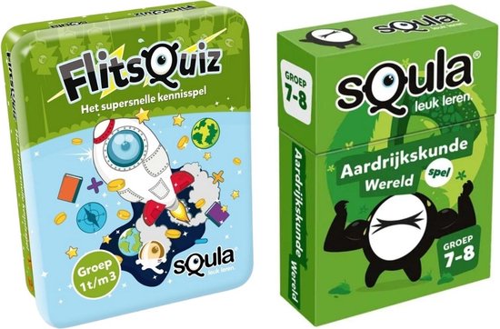 Identity Games Educatieve Spellenbundel -Squla-2 Stuks- Flitsquiz Groep 1 2 3& Aardrijkskunde Kaartspel (Groep 7&8)