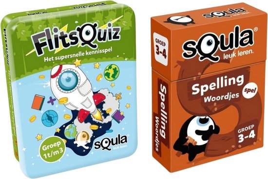 Identity Games Educatieve Spellenbundel - Squla - 2 Stuks - Flitsquiz Groep 1 2 3 & Spelling Kaartspel (Groep 3&4)
