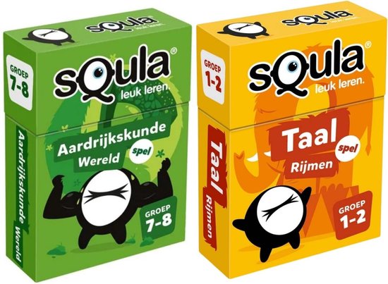 Identity Games Educatieve Spellenbundel - Squla Kaartspel - 2 Stuks - Groep 1-2 & 7-8 - Aardrijkskunde & Taal