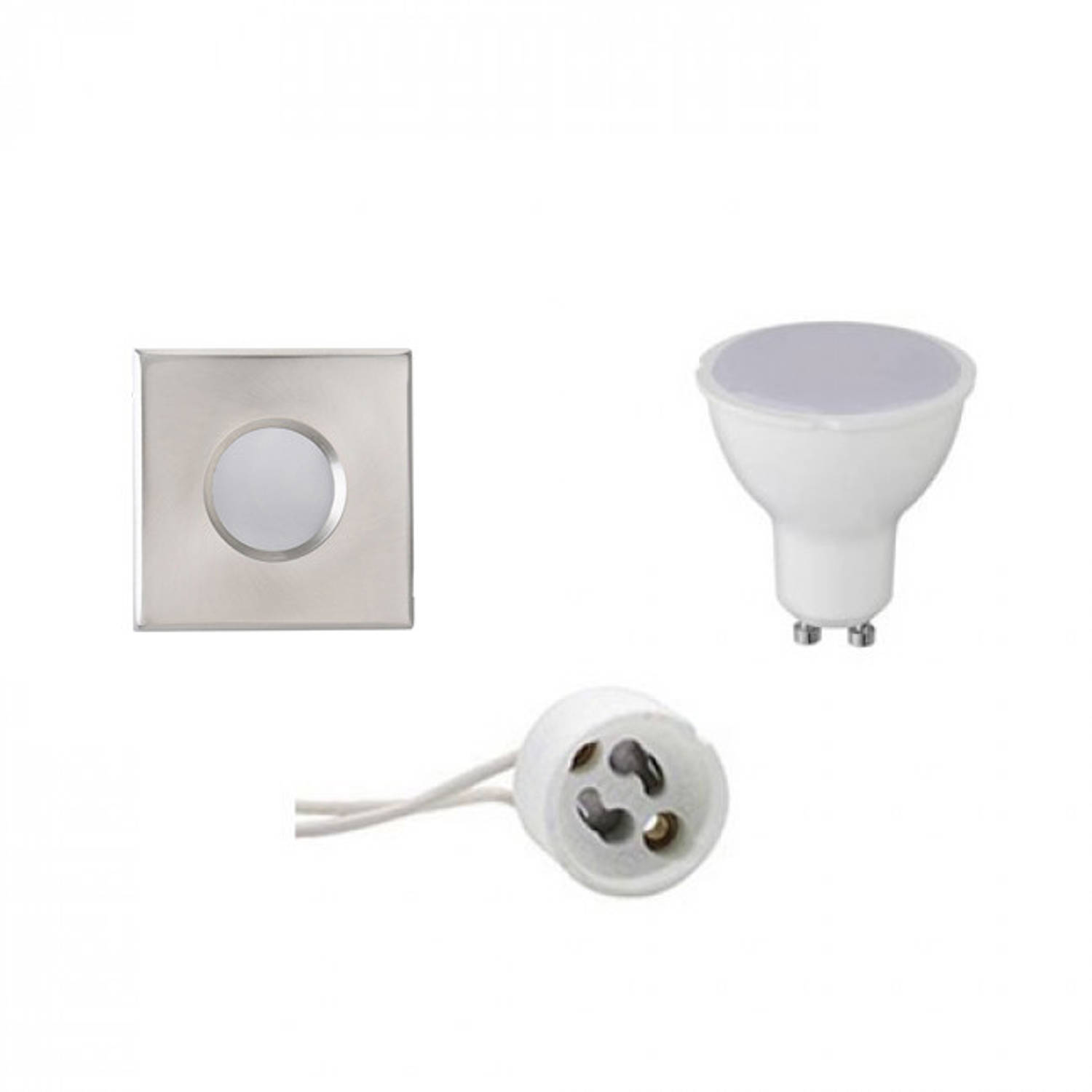 BES LED Led Spot Set - Gu10 Fitting - Waterdicht Ip65 - Inbouw Vierkant - Mat Chroom - 4w - Helder/koud 6400k - 82mm - Wit