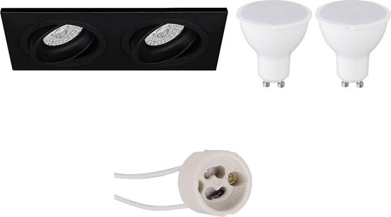 BES LED Led Spot Set - Pragmi Borny Pro - Gu10 Fitting - Inbouw Rechthoek Dubbel - Mat - 4w - Warm Wit 3000k - Kantelbaar - Zwart