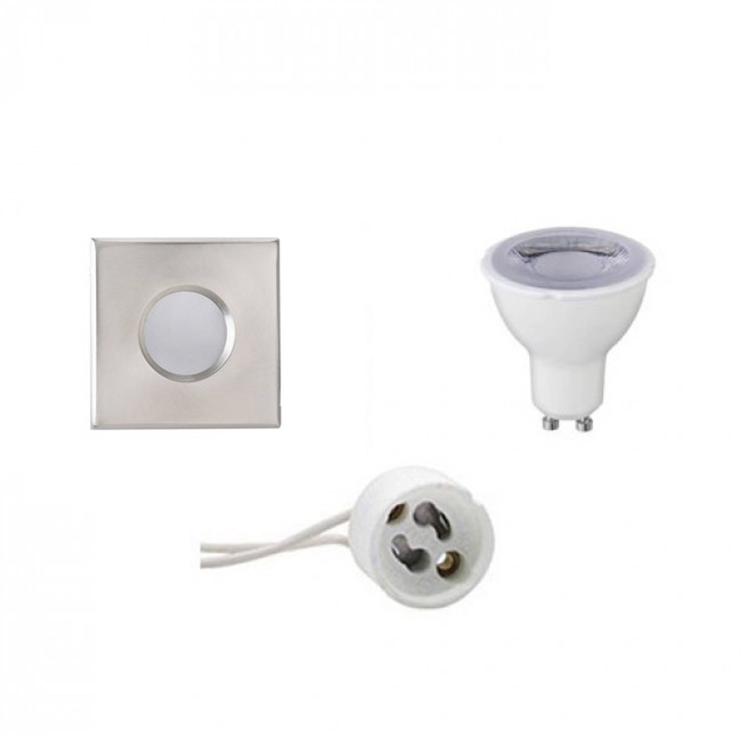 BES LED Led Spot Set - Gu10 Fitting - Waterdicht Ip65 - Dimbaar - Inbouw Vierkant - Mat Chroom - 6w - Warm 3000k - 82mm - Wit