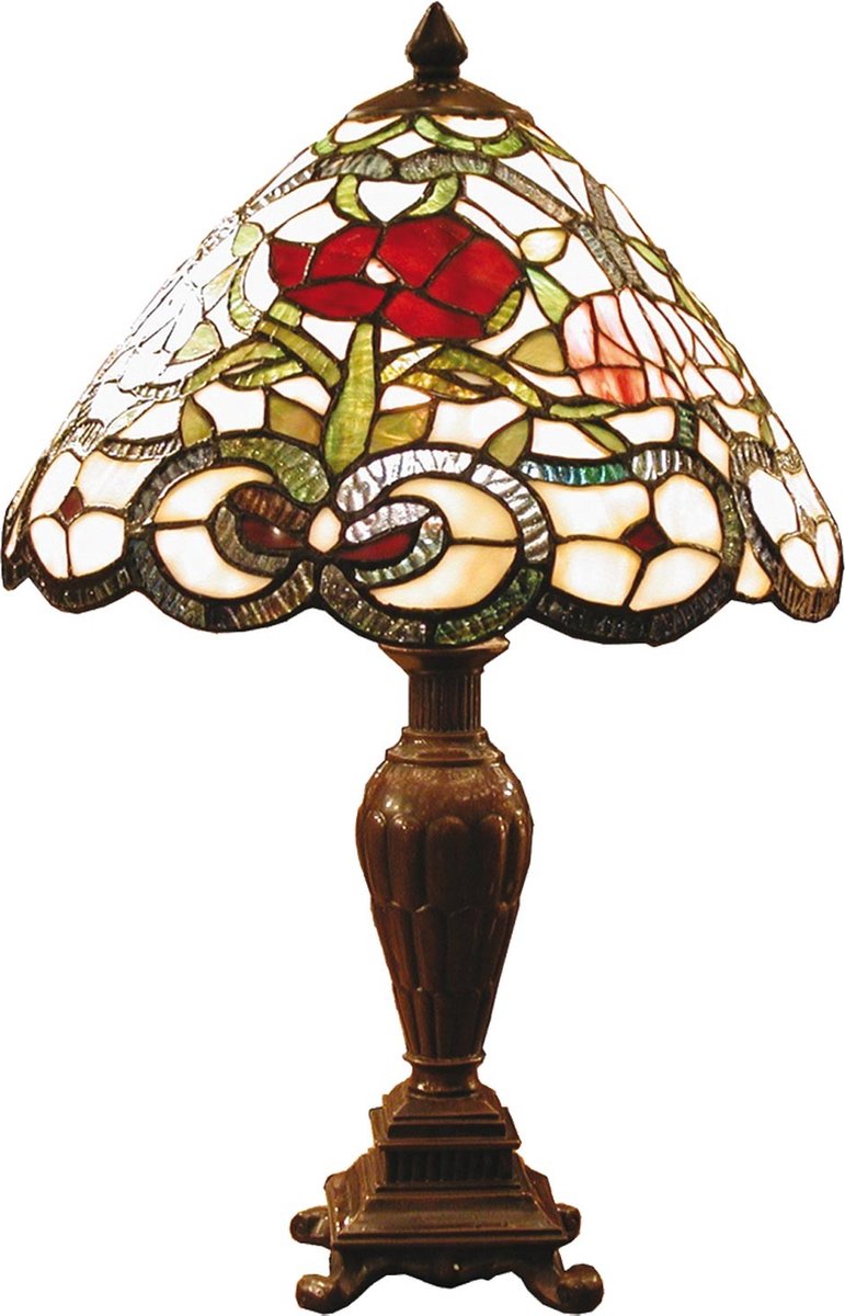 Clayre & Eef Tafellamp Met Tiffanykap Compleet 47 X ø 32 Cm,, Groen, Rood - Ijzer, Glas - Bruin