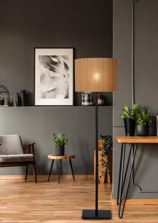 Lucide Magius Vloerlamp Rotan E27/40w H160 Zwart/natuurkl - Bruin