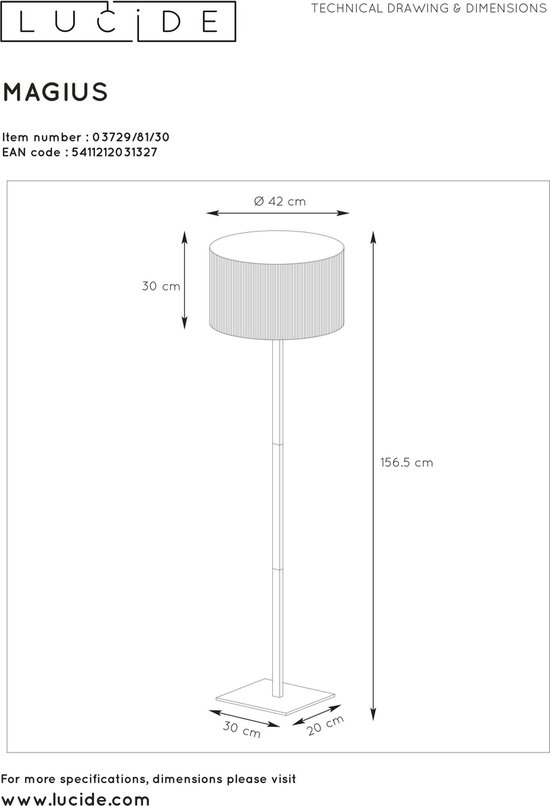 Lucide Magius Vloerlamp Rotan E27/40w H160 Zwart/natuurkl - Bruin