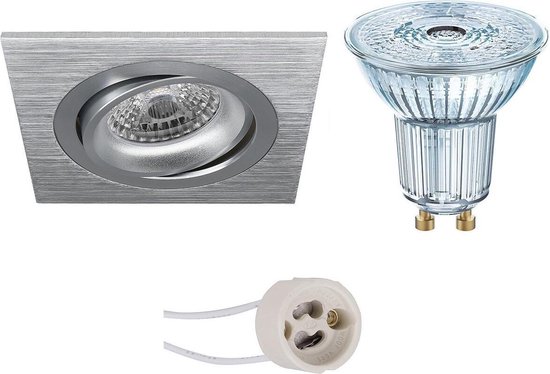 Osram - Led Spot Set - Parathom Par16 927 36d - Pragmi Borny Pro - Gu10 Fitting - Dimbaar - Inbouw Vierkant - Mat Zilver - Silver