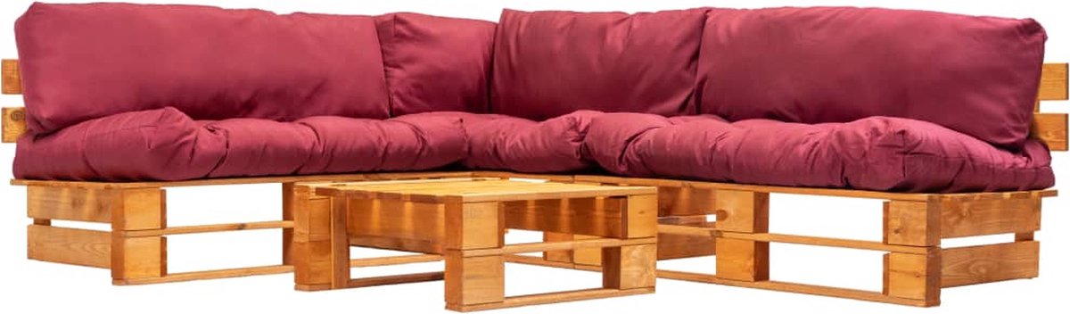 Vidaxl 4-delige Loungeset Pallets Met Rode Kussens Hout - Rood