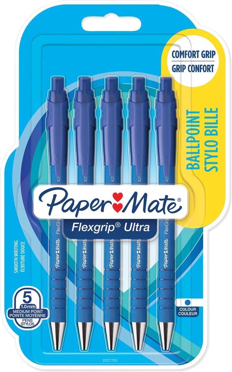 Paper Mate Balpen Flexgrip Ultra Rt Medium, Blister Van 5 Stuks, - Blauw