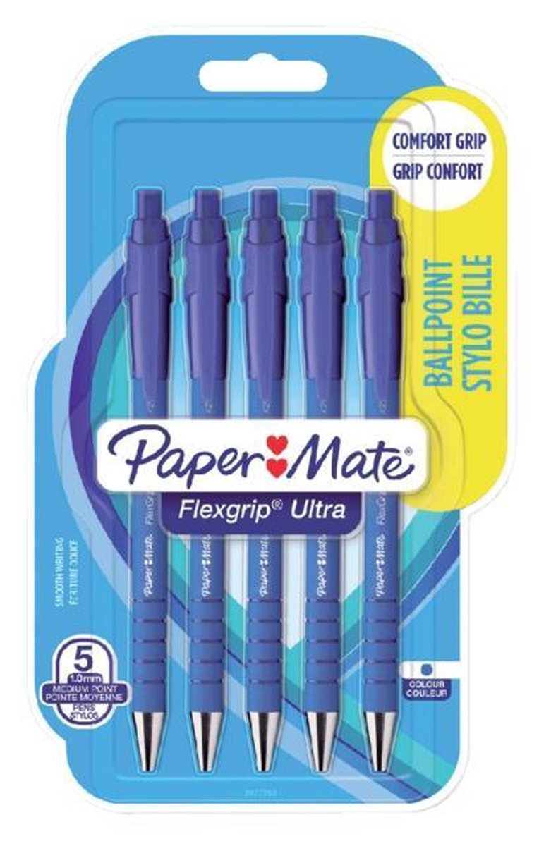 Paper Mate Balpen Flexgrip Ultra Rt Medium, Blister Van 5 Stuks, - Blauw