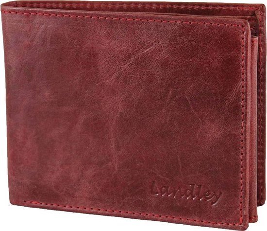 Landley 'Wild-look' Leren Heren Portemonnee - Billfold Model - Met Anti-skim Rfid Bescherming -bruin - Rood