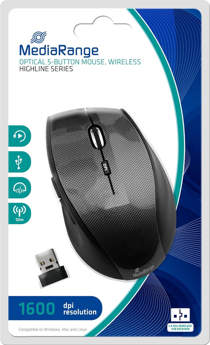 MediaRange MROS207 muis RF Draadloos Optisch 1600 DPI Rechtshandig - Zwart