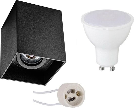 BES LED Opbouwspot Set - Pragmi Luxina Pro - Gu10 Fitting - Opbouw Vierkant - Mat - 6w - Helder/koud Wit 6400k - Verdiept - Zwart