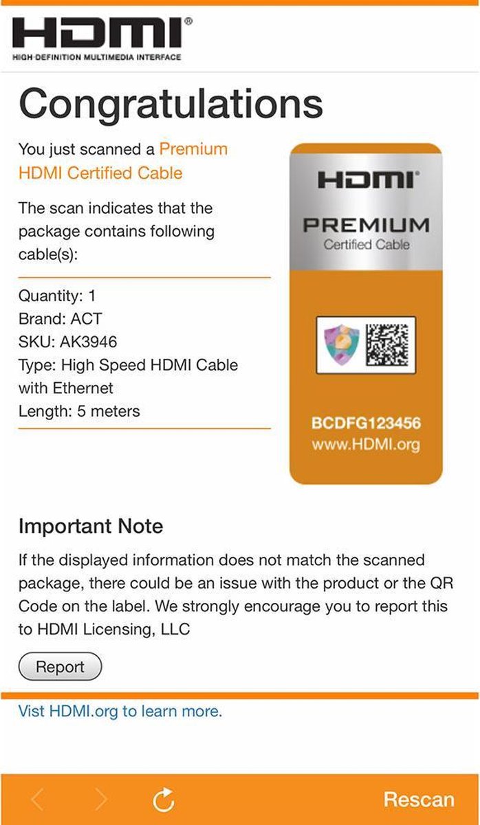 ACT AK3946 HDMI High Speed Ethernet Premium Certified Kabel - HDMI-A Male/HDMI-A Male - 5 meter