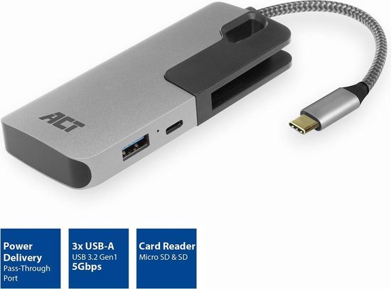 ACT AC7052 USB C HUB | 3x USB-A | Kaartlezer | USB-C PD 60W
